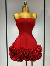 Hourglass Strapless Corset Mini Dress – 3D Floral Ruffle Hem, Lace-Up Back